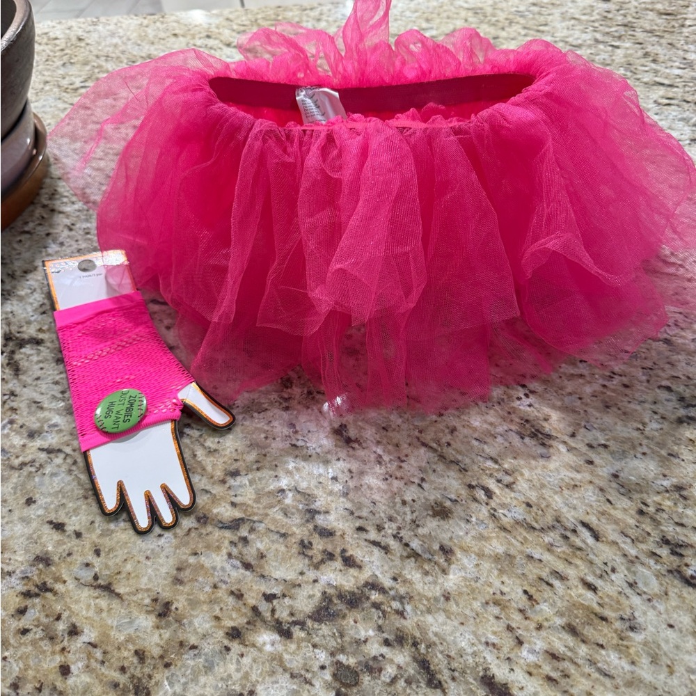 2 Pc Hot Pink Punk Short Mini Tutu with Matching Fish Net Gloves OS - Picture 2 of 8